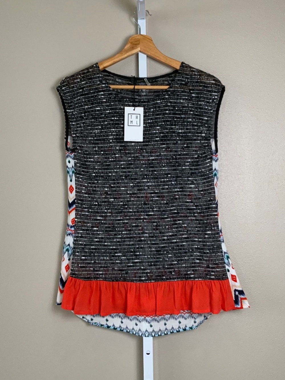 THML Sleeveless Ruffle Hem Mixed Media Top